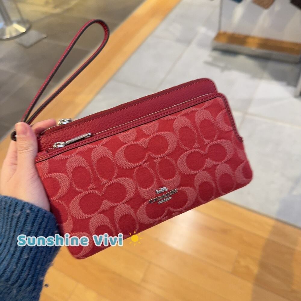 NWT Coach CDN22 Double Zip Wallet In Signature Denim Silver/True Red